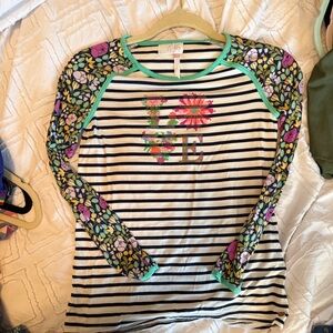 Matilda Jane Black & White Striped Tee with Floral Raglan and Mint Trim